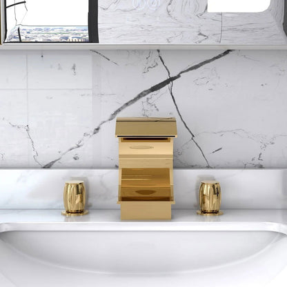 Mooni Modern Waterfall 3-Hole 2-Handle Bathroom Basin Tap in Gold Solid Brass - 
