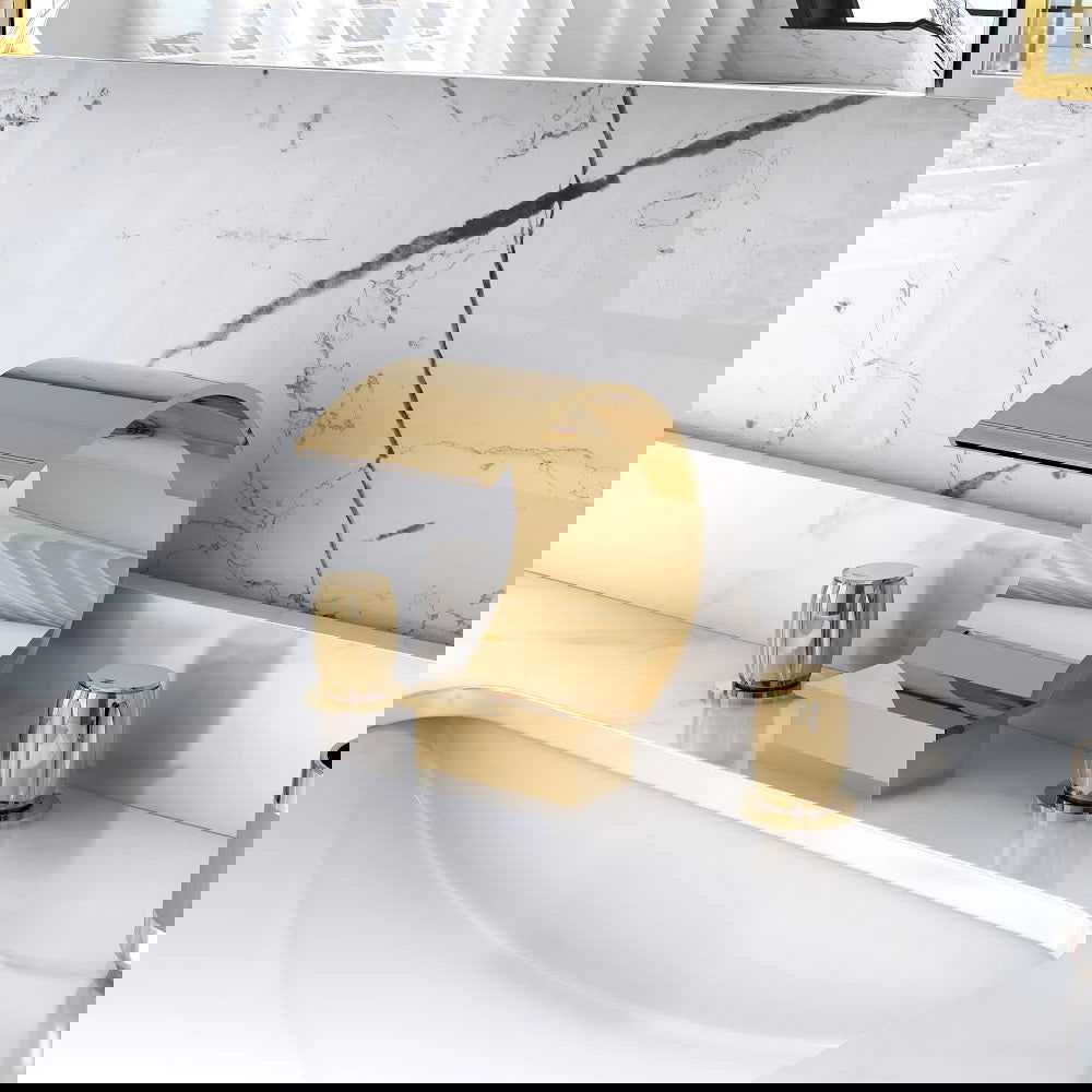 Mooni Modern Waterfall 3-Hole 2-Handle Bathroom Basin Tap in Gold Solid Brass - 