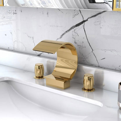 Mooni Modern Waterfall 3-Hole 2-Handle Bathroom Basin Tap in Gold Solid Brass - 