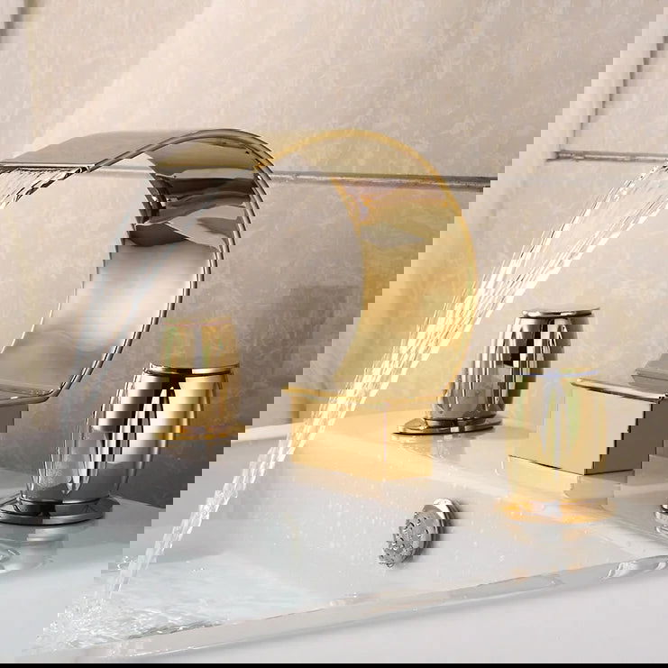 Mooni Modern Waterfall 3-Hole 2-Handle Bathroom Basin Tap in Gold Solid Brass - 