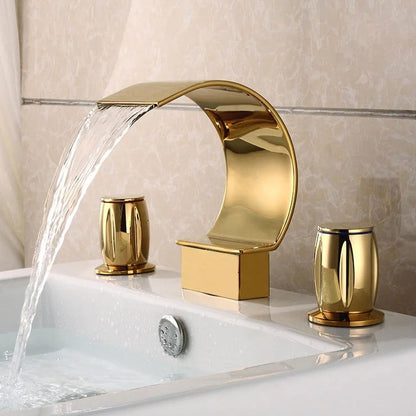 Mooni Modern Waterfall 3-Hole 2-Handle Bathroom Basin Tap in Gold Solid Brass - 