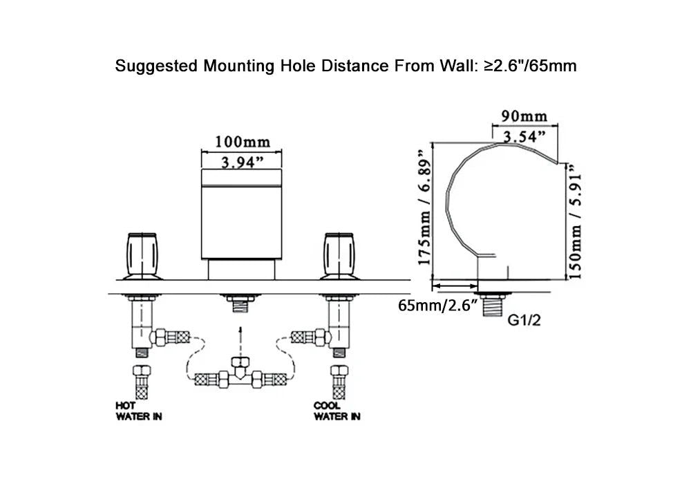 Mooni Modern Waterfall 3-Hole 2-Handle Bathroom Basin Tap in Gold Solid Brass - 