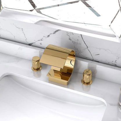 Mooni Modern Waterfall 3-Hole 2-Handle Bathroom Basin Tap in Gold Solid Brass - Homary