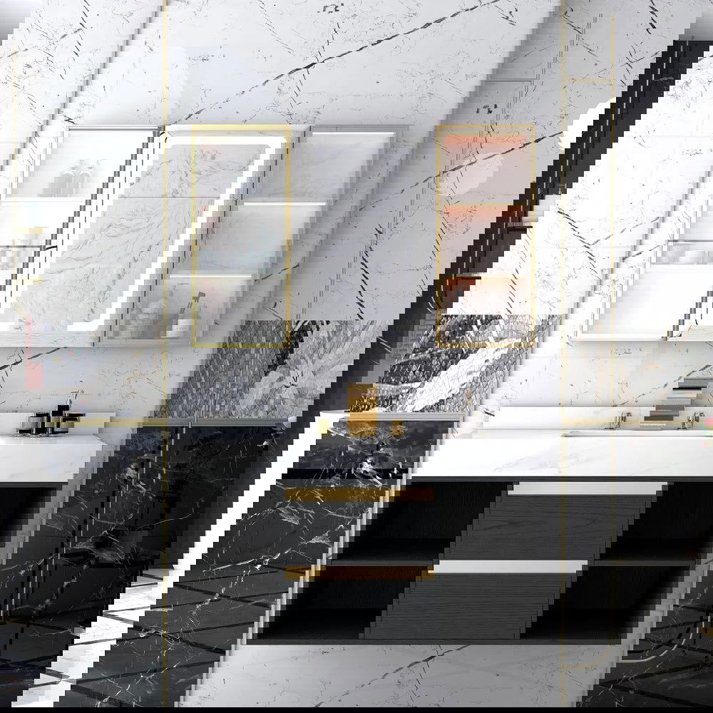 Mooni Modern Waterfall 3-Hole 2-Handle Bathroom Basin Tap in Gold Solid Brass - Homary