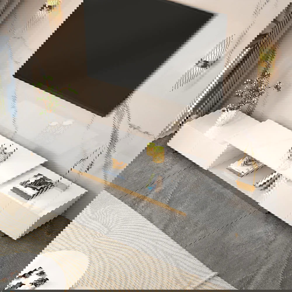 Mordelle Modern Rectangle Glossy White Extendable TV Stand Storage for 65 to 85 inch TV - 