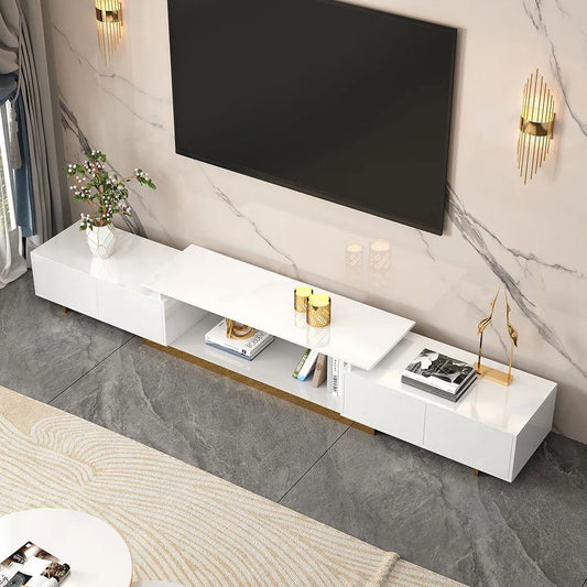Mordelle Modern Rectangle Glossy White Extendable TV Stand Storage for 65 to 85 inch TV - 