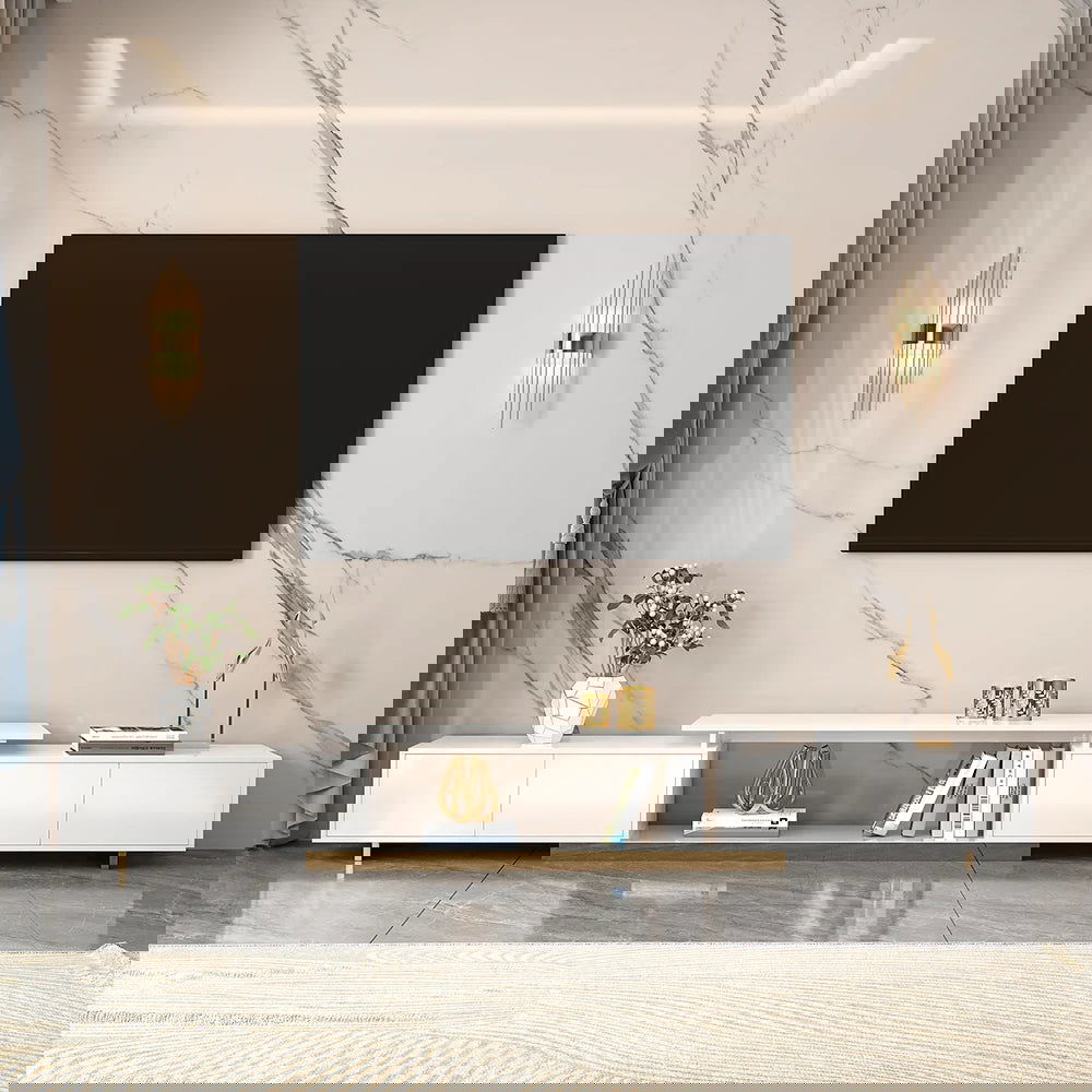 Mordelle Modern Rectangle Glossy White Extendable TV Stand Storage for 65 to 85 inch TV - 