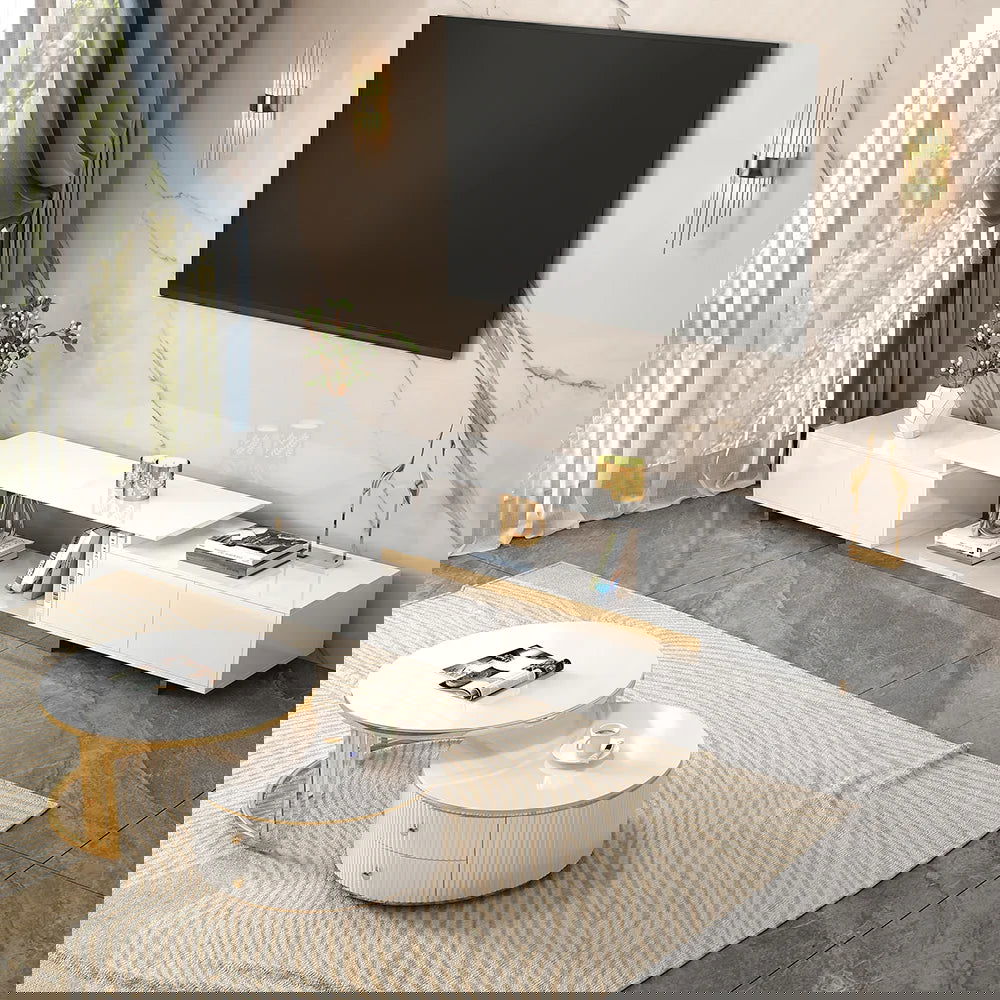 Mordelle Modern Rectangle Glossy White Extendable TV Stand Storage for 65 to 85 inch TV - 