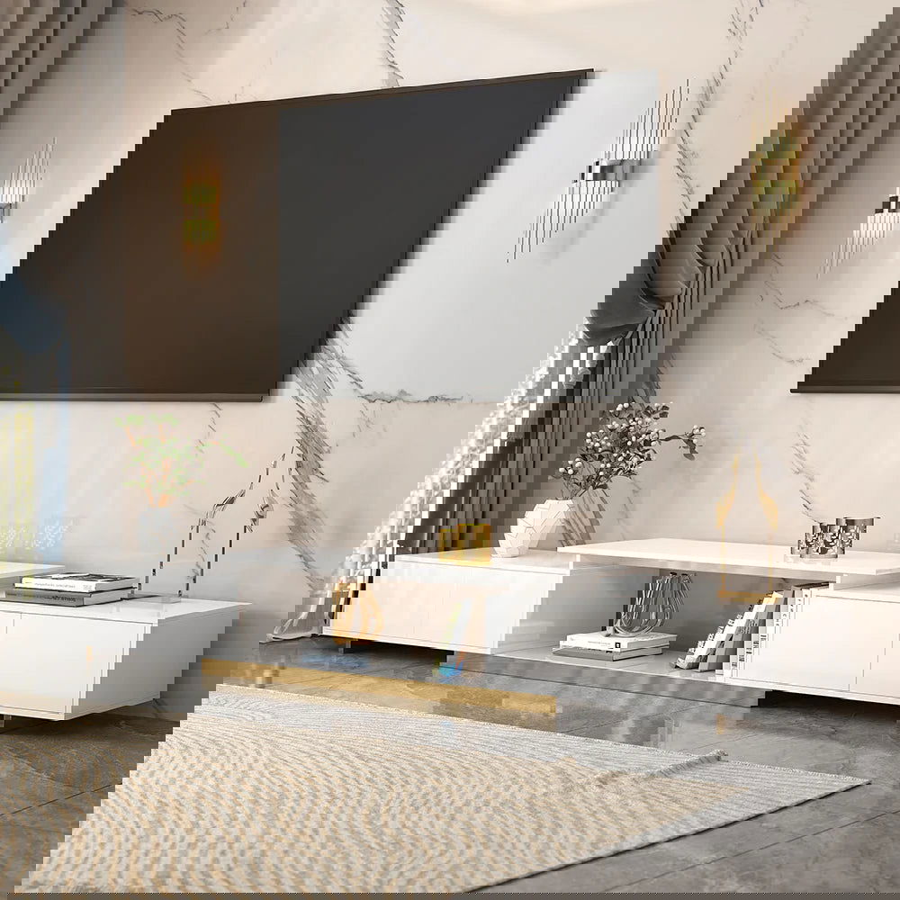 Mordelle Modern Rectangle Glossy White Extendable TV Stand Storage for 65 to 85 inch TV - Homary