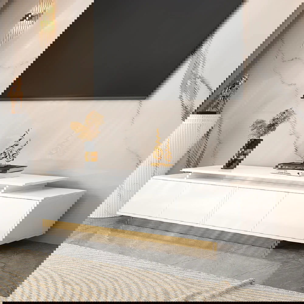 Mordelle Modern Rectangle Glossy White Extendable TV Stand Storage for 65 to 85 inch TV - Homary