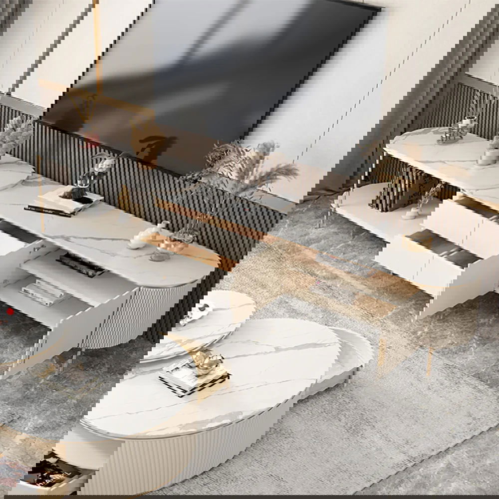 Mytures Modern Round Nesting Coffee Table with Storage White Sintered Stone Set of 2 - Approved By Design