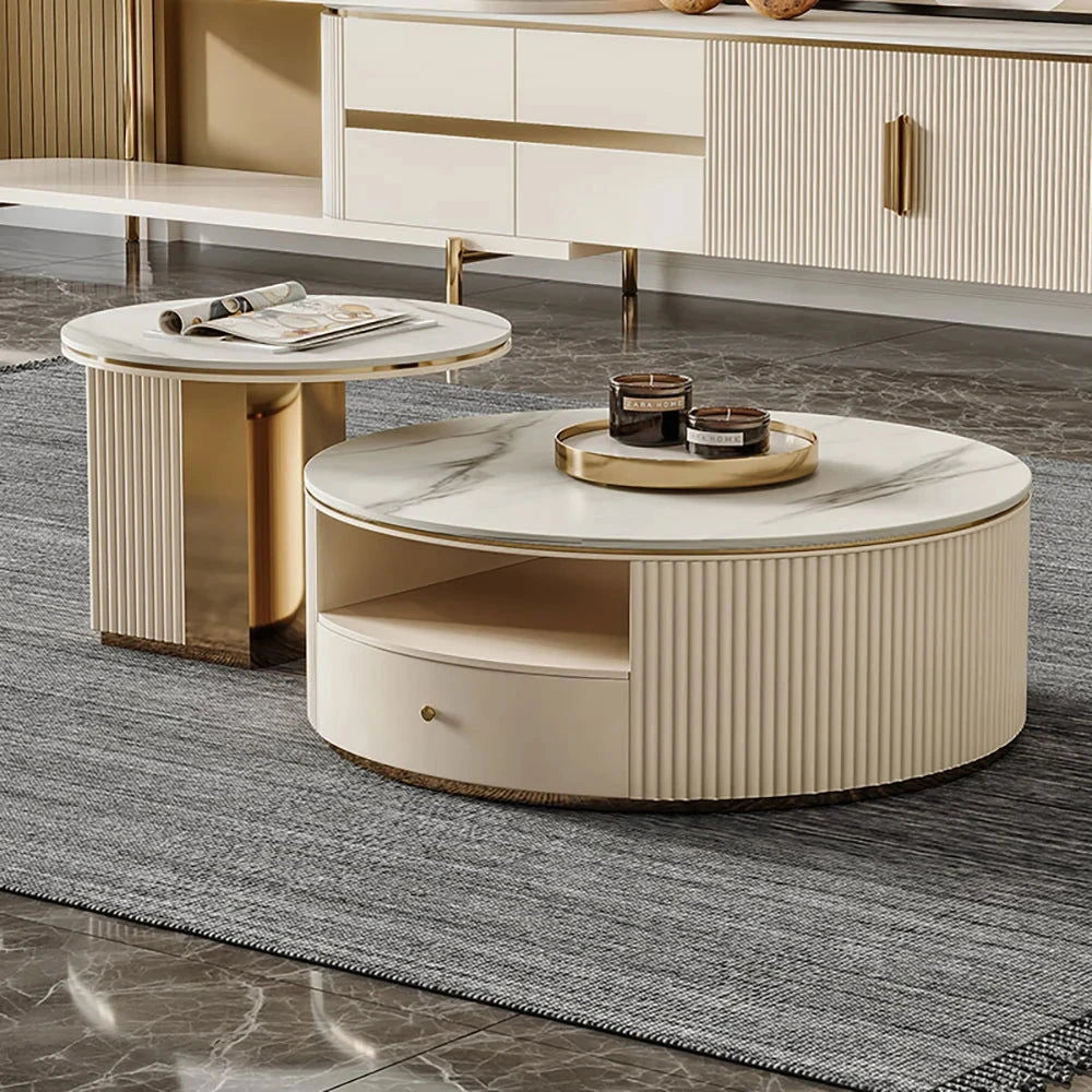 Mytures Modern Round Nesting Coffee Table with Storage White Sintered Stone Set of 2 - Approved By Design