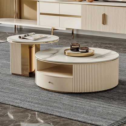 Mytures Modern Round Nesting Coffee Table with Storage White Sintered Stone Set of 2 - Approved By Design