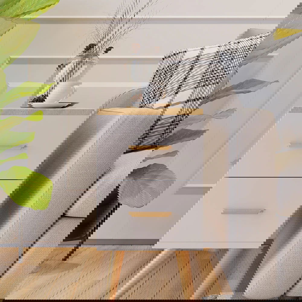 Natural Rectangle End Table with Drawers Modern Sofa Table for Living Room - 