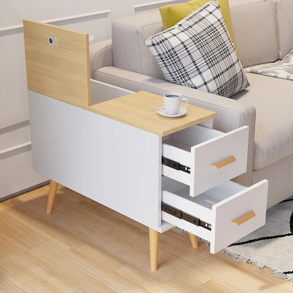 Natural Rectangle End Table with Drawers Modern Sofa Table for Living ...