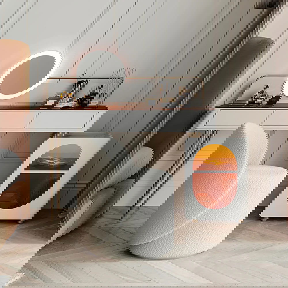 Nordic Boucle Round Vanity Stool Swivel Accent Chair with Low Back - 