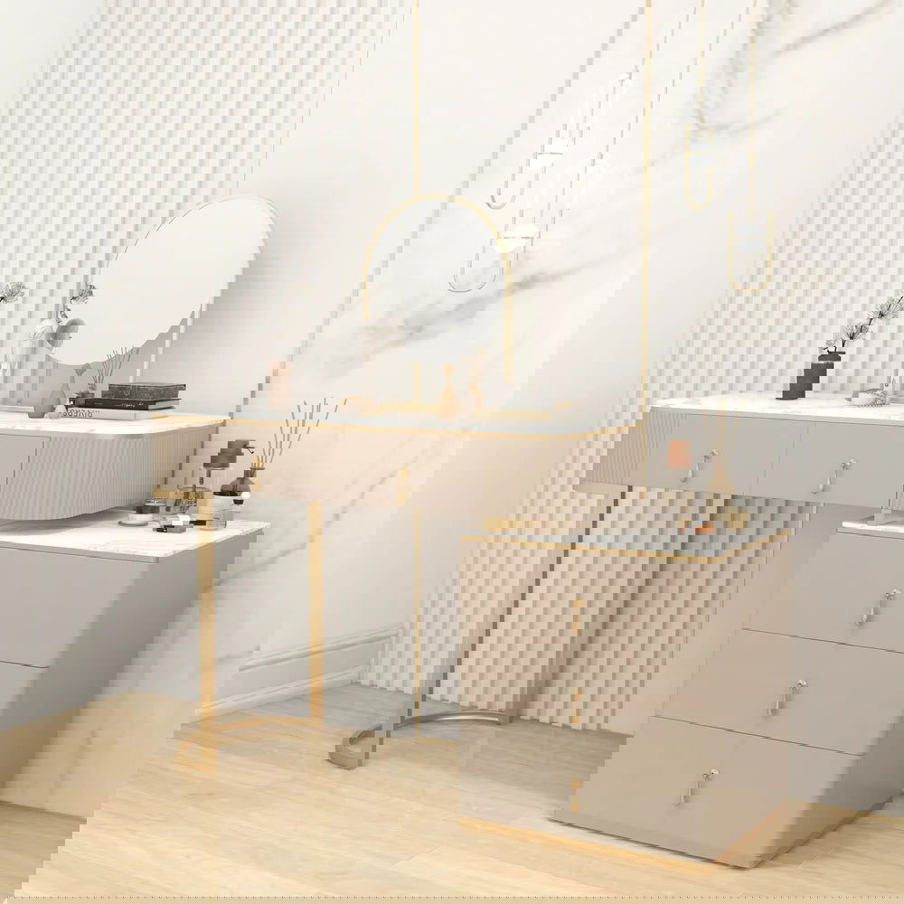 Nordic Makeup Vanity Extendable with 5-Drawer Dressing Table with Stone Top in Champagne - 