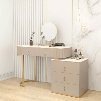 Nordic Makeup Vanity Extendable with 5-Drawer Dressing Table with Stone Top in Champagne - 