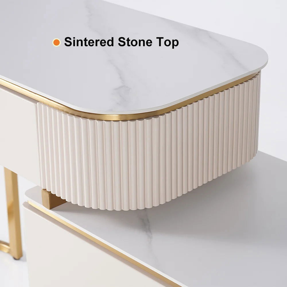Nordic Makeup Vanity Extendable with 5-Drawer Dressing Table with Stone Top in Champagne - 