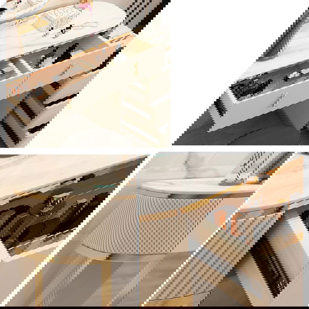 Nordic Makeup Vanity Extendable with 5-Drawer Dressing Table with Stone Top in Champagne - 