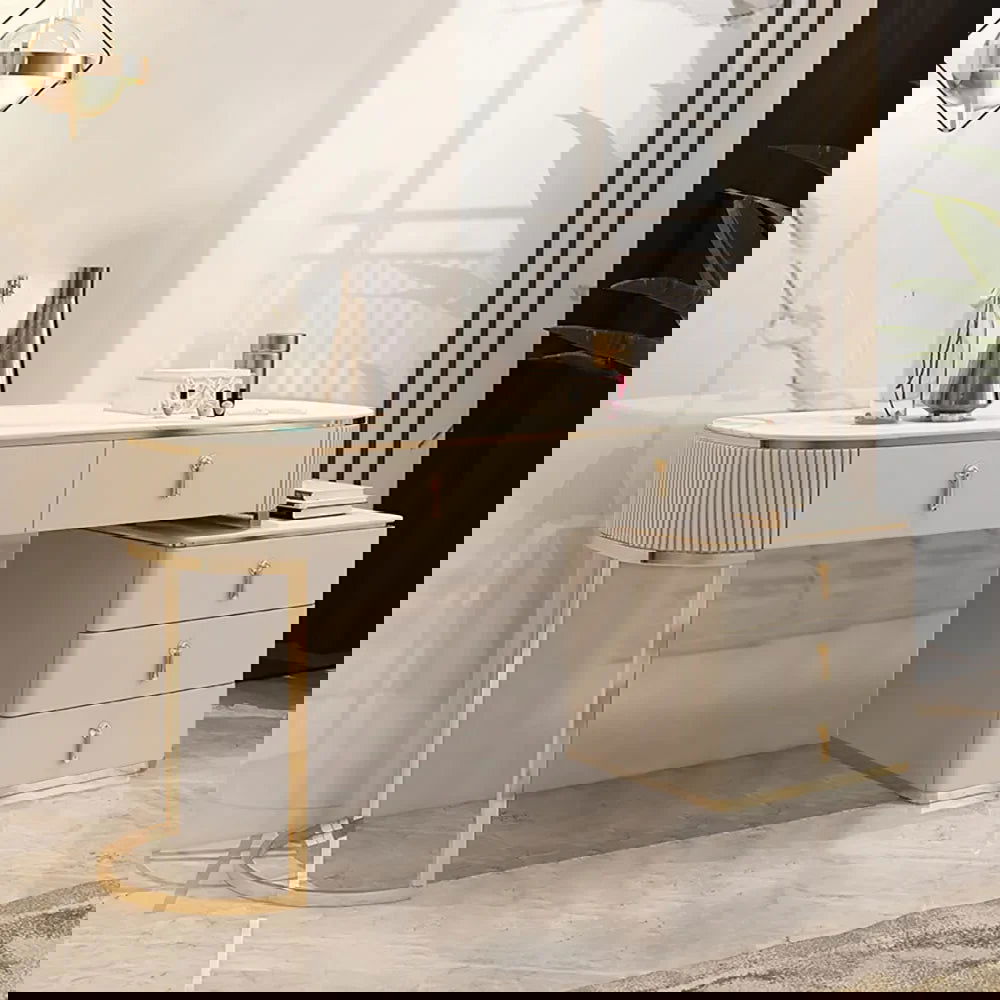 Nordic Makeup Vanity Extendable with 5-Drawer Dressing Table with Stone Top in Champagne - 