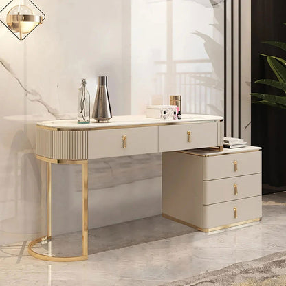 Nordic Makeup Vanity Extendable with 5-Drawer Dressing Table with Stone Top in Champagne - 