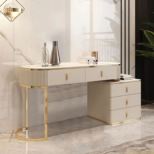 Nordic Makeup Vanity Extendable with 5-Drawer Dressing Table with Stone Top in Champagne - 