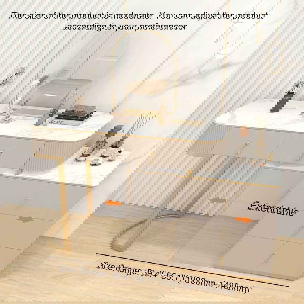 Nordic Makeup Vanity Extendable with 5-Drawer Dressing Table with Stone Top in Champagne - 