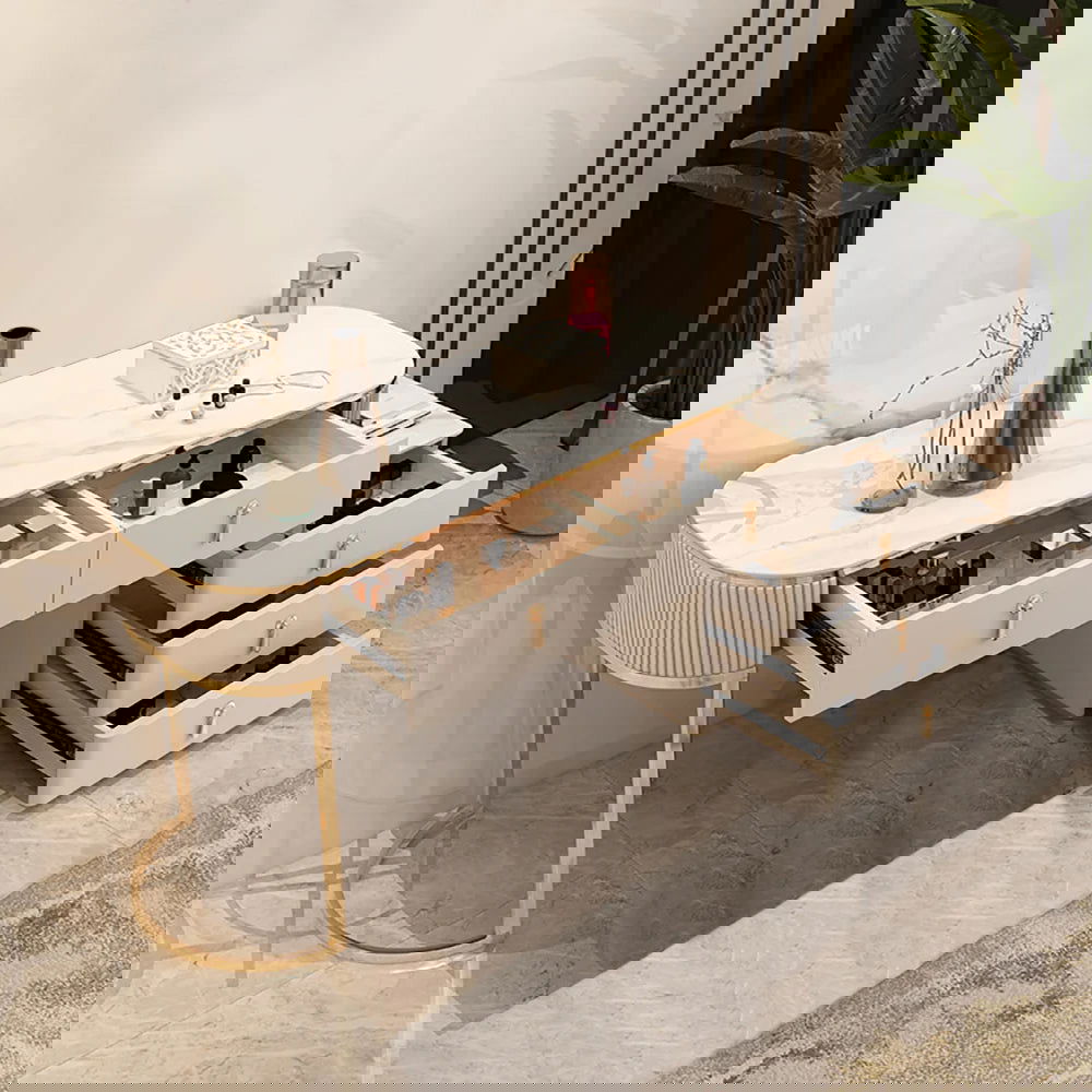 Nordic Makeup Vanity Extendable with 5-Drawer Dressing Table with Stone Top in Champagne - 