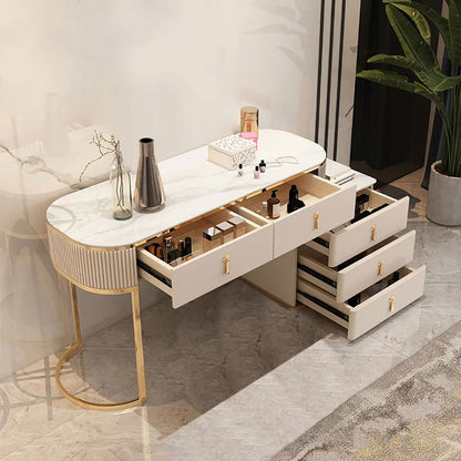 Nordic Makeup Vanity Extendable with 5-Drawer Dressing Table with Stone Top in Champagne - 