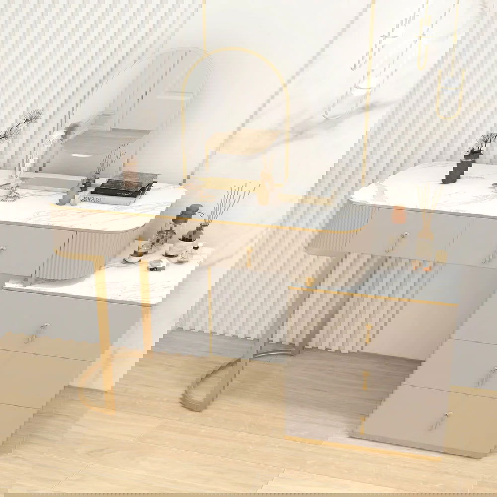 Nordic Makeup Vanity Extendable with 5-Drawer Dressing Table with Stone Top in Champagne - 