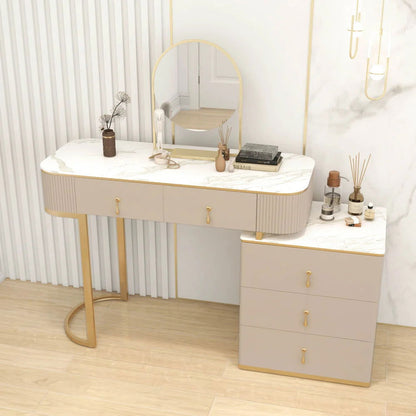 Nordic Makeup Vanity Extendable with 5-Drawer Dressing Table with Stone Top in Champagne - 