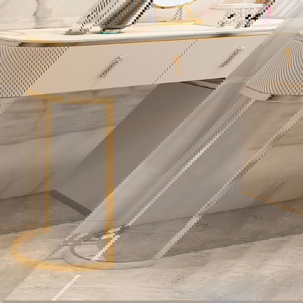 Nordic Makeup Vanity Extendable with 5-Drawer Dressing Table with Stone Top in Champagne - Homary