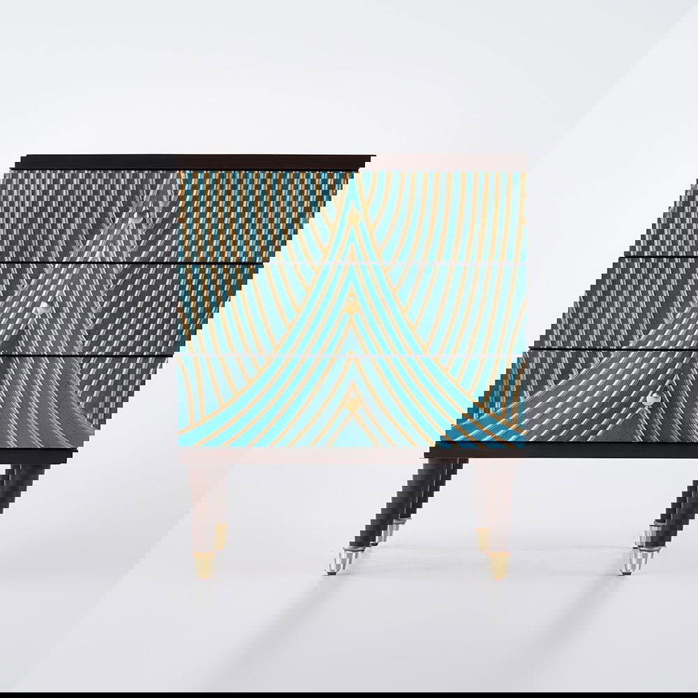 Novel Blue Cabinet Gold-Painted 3-Drawer Chest in Small - 