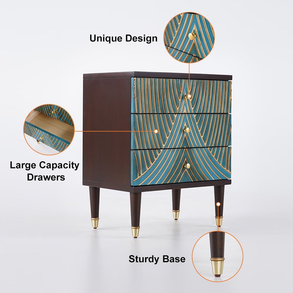 Novel Blue Cabinet Gold-Painted 3-Drawer Chest in Small - 