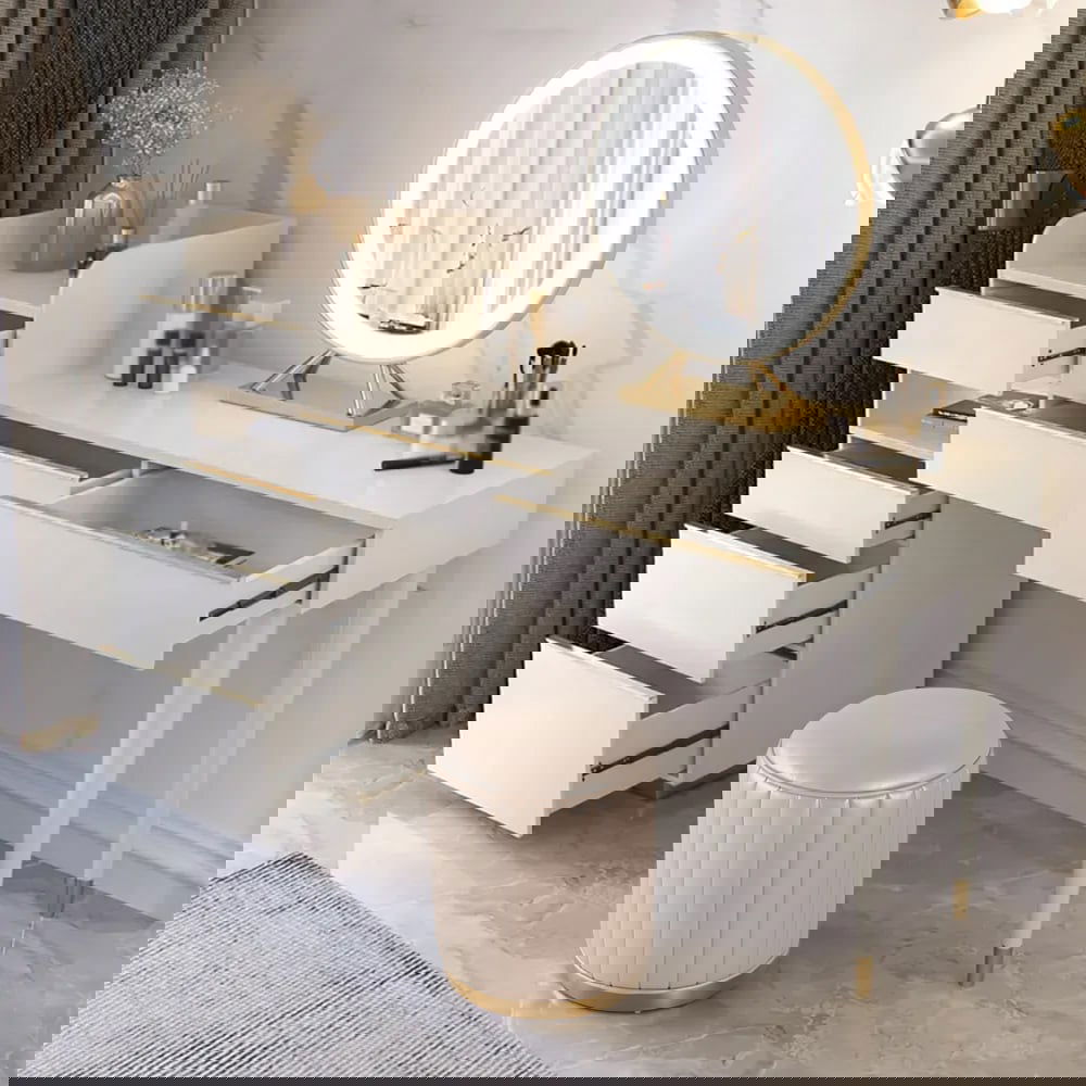 Off-white Makeup Vanity Set Dressing Table with Lighted Mirror Cabinet & Stool Included - 