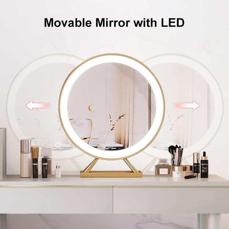 Off-white Makeup Vanity Set Dressing Table with Lighted Mirror Cabinet & Stool Included - 