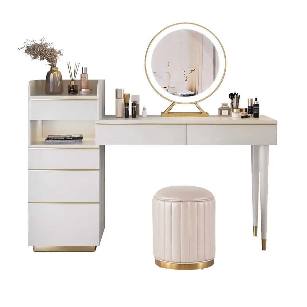 Off-white Makeup Vanity Set Dressing Table with Lighted Mirror Cabinet & Stool Included - 