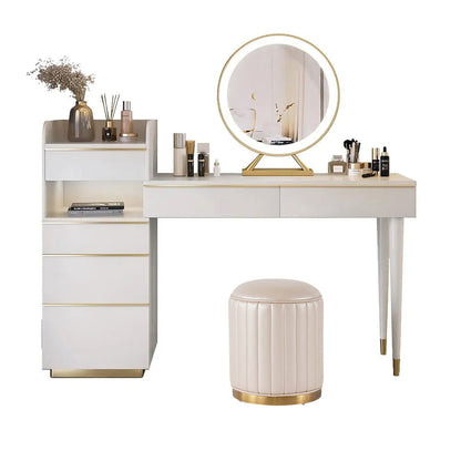 Off-white Makeup Vanity Set Dressing Table with Lighted Mirror Cabinet & Stool Included - 
