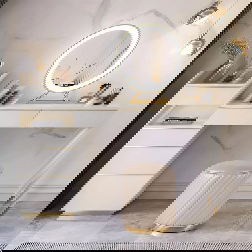 Off-white Makeup Vanity Set Dressing Table with Lighted Mirror Cabinet & Stool Included - Homary