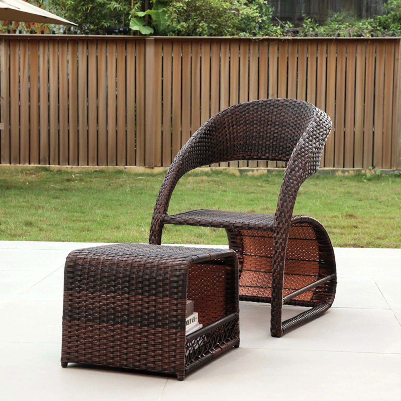 Outdoor PE Rattan Recliner Chair with Ottoman & Storage 2-Piece Set in Coffee - 