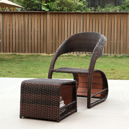 Outdoor PE Rattan Recliner Chair with Ottoman & Storage 2-Piece Set in Coffee - 