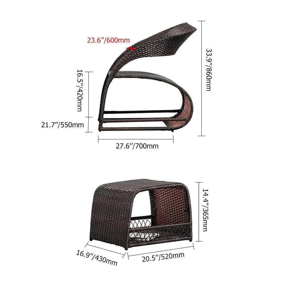 Outdoor PE Rattan Recliner Chair with Ottoman & Storage 2-Piece Set in Coffee - 