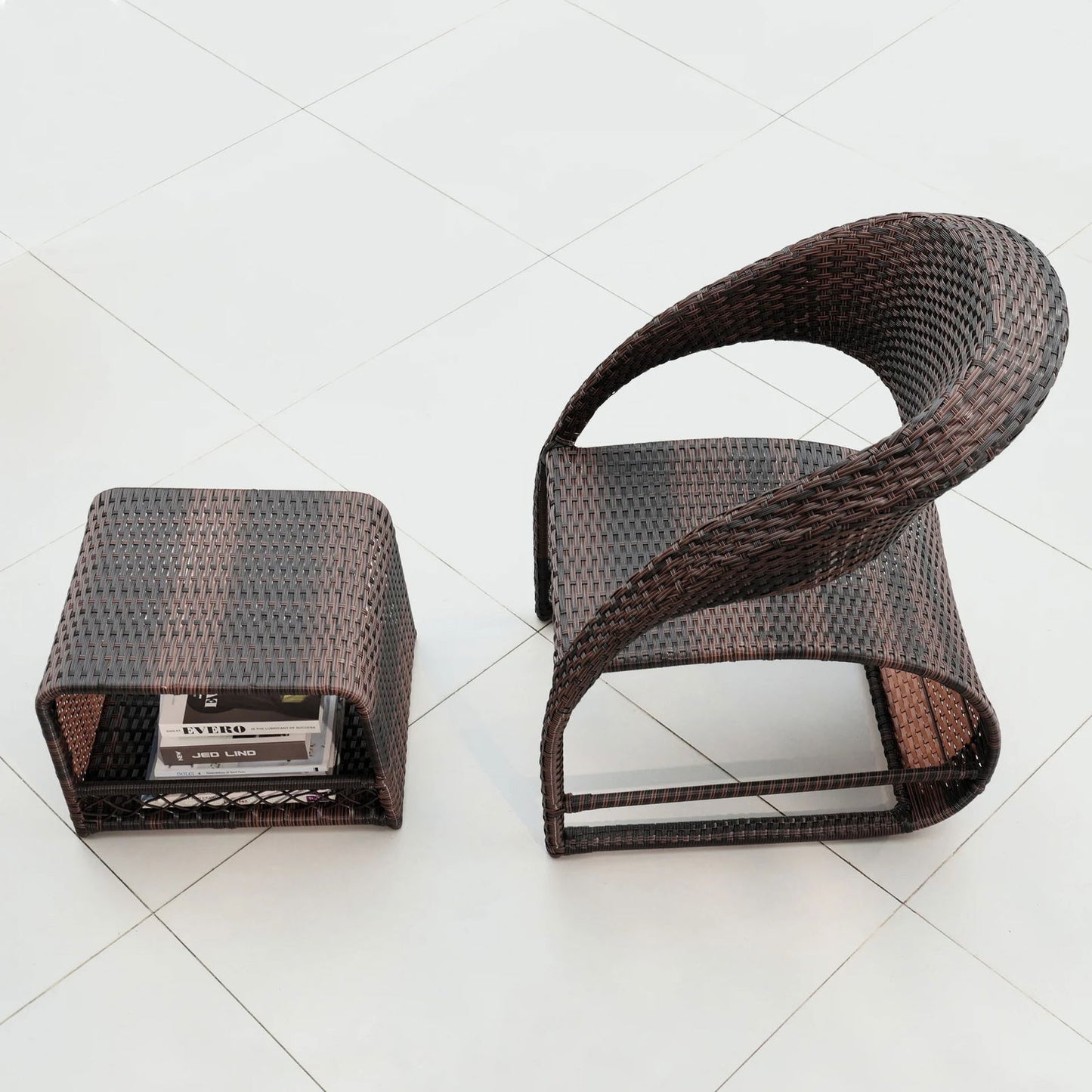 Outdoor PE Rattan Recliner Chair with Ottoman & Storage 2-Piece Set in Coffee - 