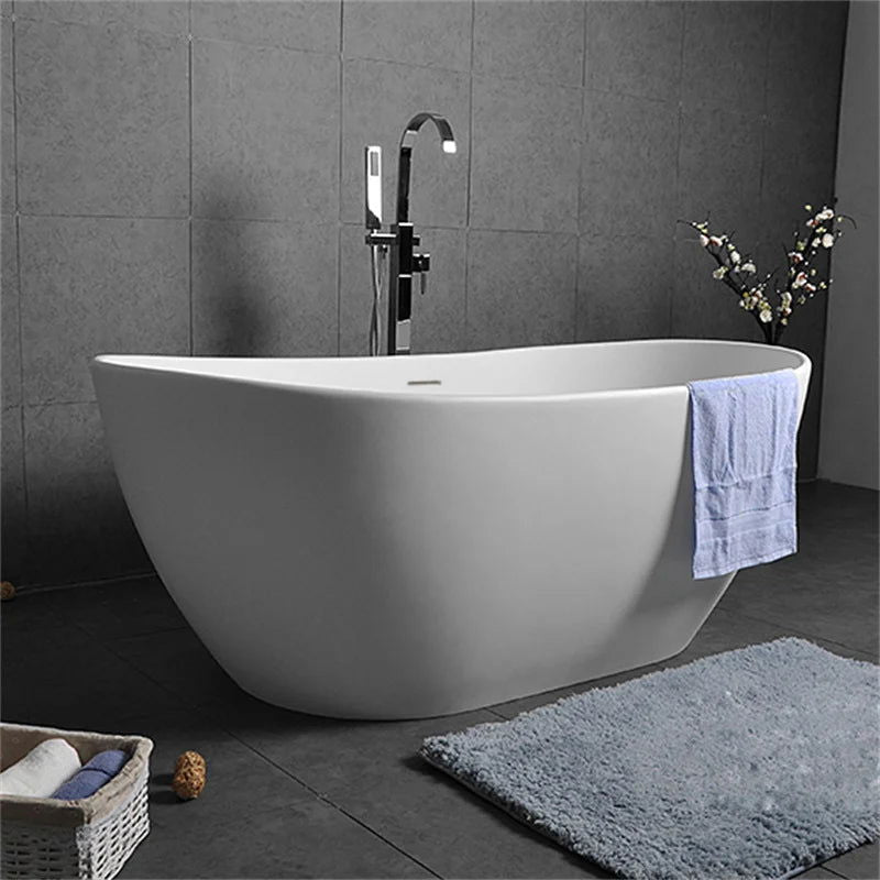 Oval Shape 1630mm Freestanding Matte White Stone Resin Soaking Bath with Overflow - Homary