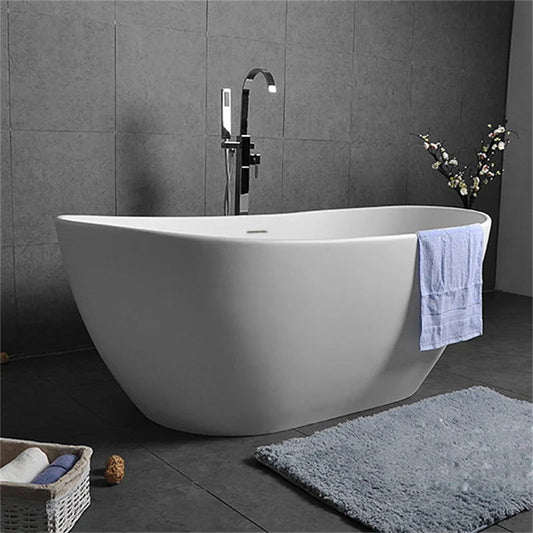 Oval Shape 1630mm Freestanding Matte White Stone Resin Soaking Bath with Overflow - Homary