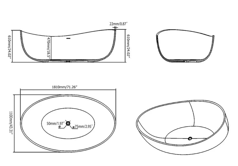 Oval Shape 1630mm Freestanding Matte White Stone Resin Soaking Bath with Overflow - Homary