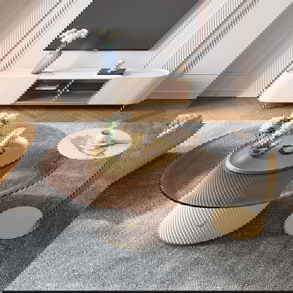 Palley Modern Oval TV Stand Console with Storage & Glass Doors White for TV Up to 2160mm - 