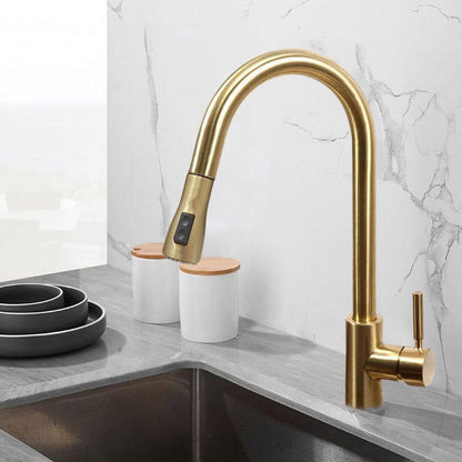 Pull Out Kitchen Tap Brushed Gold with Dual Function Sprayer - 