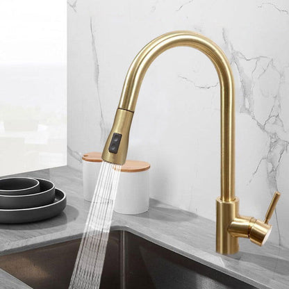 Pull Out Kitchen Tap Brushed Gold with Dual Function Sprayer - 